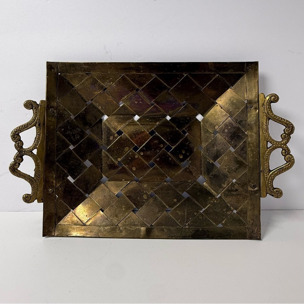 Brass Basket Lattice Weave Handled Tray Cottage Chic Decor Candle Holder etc